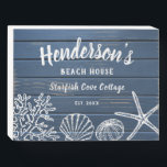 Beach House Vintage Seashells Custom Text  Wooden Box Sign<br><div class="desc">A super cute beach house wooden box sign featuring vintage sea shells,  coral,  starfish and sea urchin set against a nautical blue faux wood background.  Add 4 lines of custom text to personalise.  Perfect for a beach house,  ocean side vacation rental,  beach wedding,  housewarming gift and more.</div>