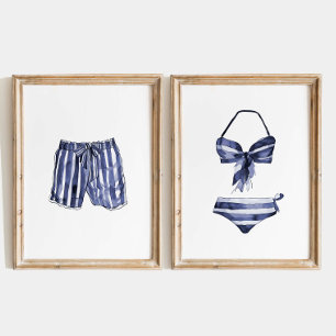 Beach House Wall Art, Vintage Striped Swimsuit Set