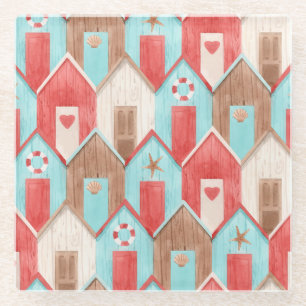 Beach house watercolor: retro pattern. glass coaster