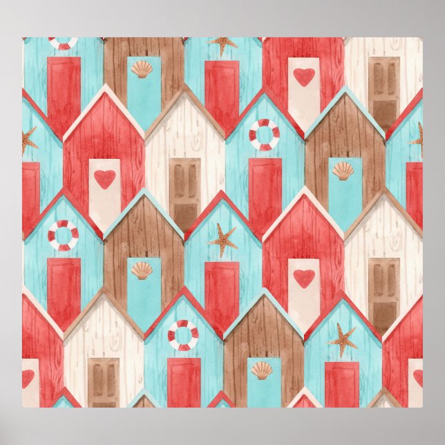Beach house watercolor: retro pattern. poster (Front)