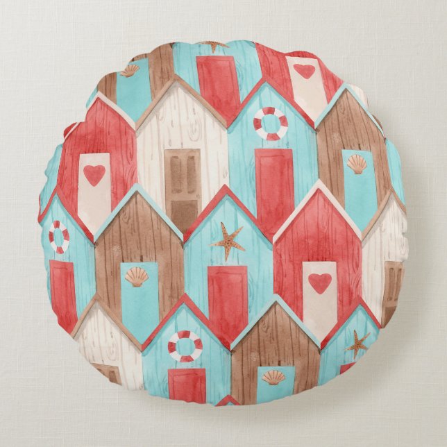 Beach house watercolor: retro pattern. round cushion (Front)