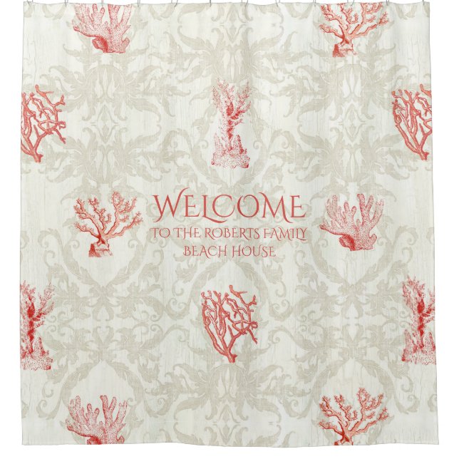 Beach House Welcome Sign Family Name Coral Damask Shower Curtain (Front)