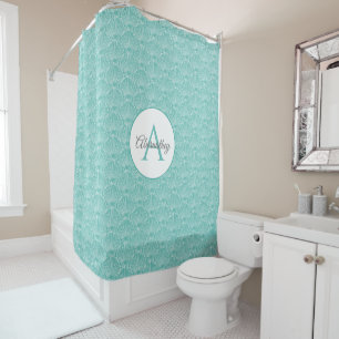 Beach House White Sea Shell Pattern Monogram Name  Shower Curtain