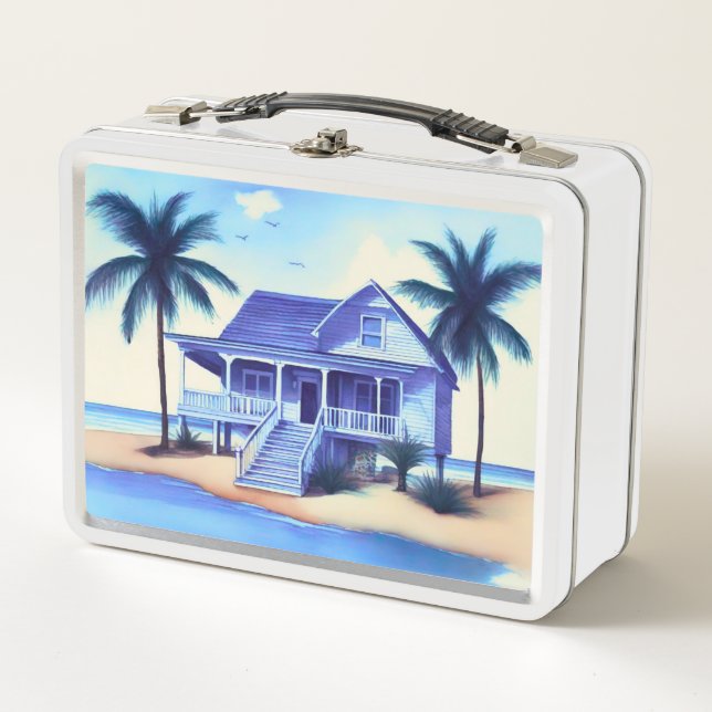 Beach House with Palm Trees Metal Lunch Box (Front)