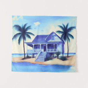 Beach House with Palm Trees Tapestry