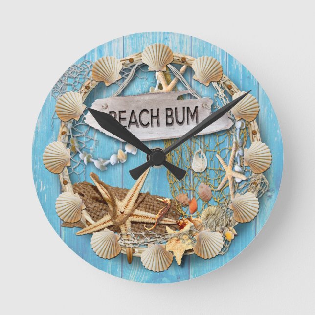Beach Hut/Beach House Clock, Beach Bum Round Clock (Front)