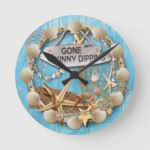 Beach Hut/Beach House Clock, Gone Skinny Dipping Round Clock