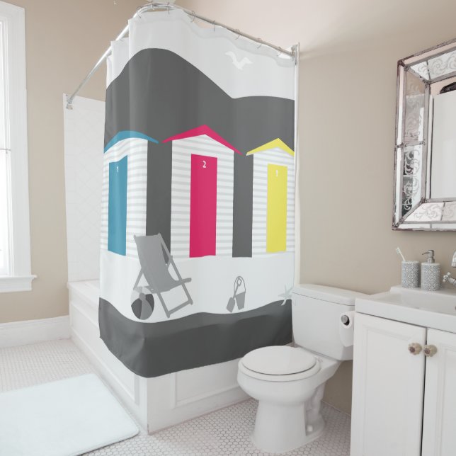 beach hut england black white colour seaside coast shower curtain (In Situ)