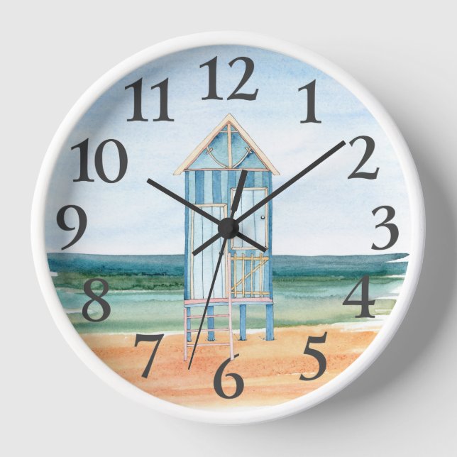 Beach Hut Ocean Watercolor Clock (Front)