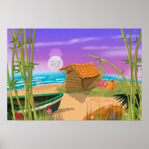 "Beach Hut on moonlit beach" "beach hut" "cartoon Poster