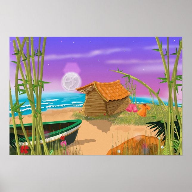 "Beach Hut on moonlit beach" "beach hut" "cartoon Poster (Front)