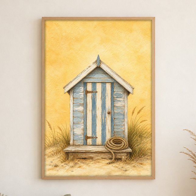 Beach Hut with Striped Door Watercolour Poster (Shown framed for scale. Poster ships unframed; frames are an optional add-on.)