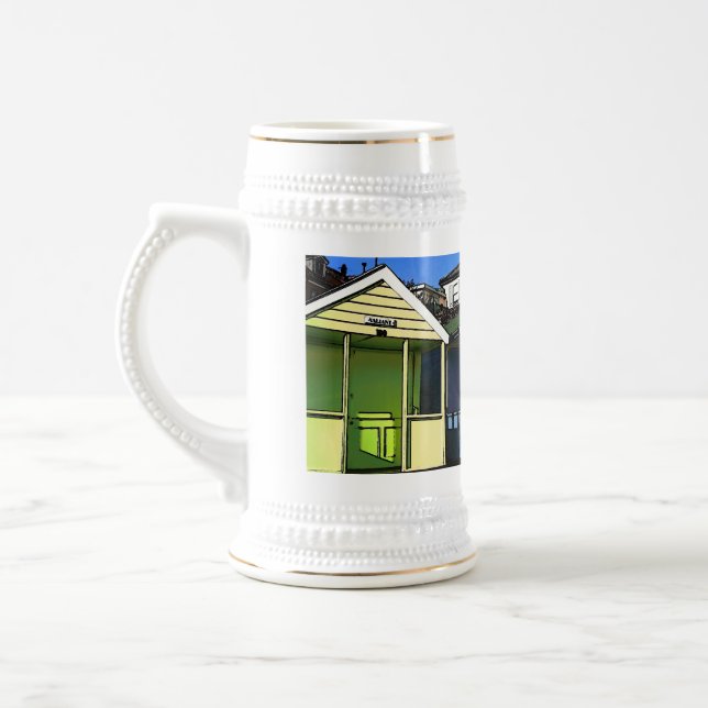 Beach huts and blue skies english seaside photo beer stein (Left)