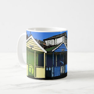 Beach huts and blue skies english seaside photo coffee mug