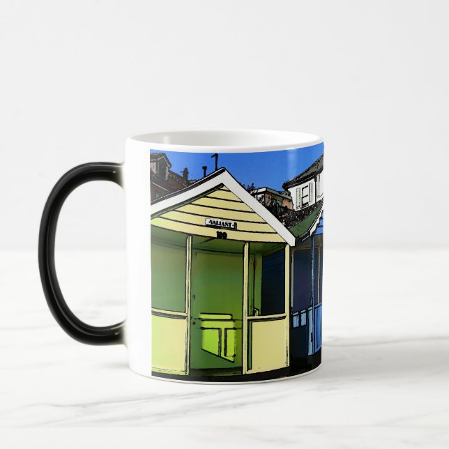 Beach huts and blue skies english seaside photo magic mug (Left)