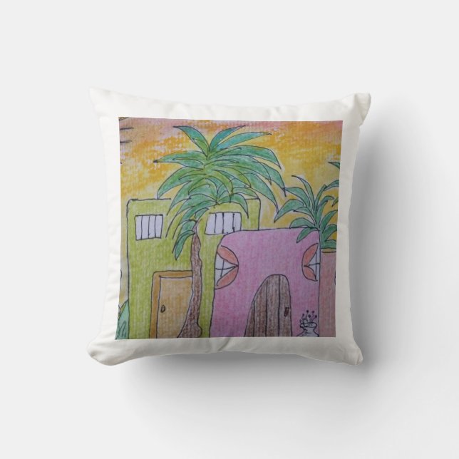 Beach Huts and Golden Skies Throw Pillow (Front)
