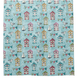 Beach Huts and Gulls Seaside Pattern Shower Curtain