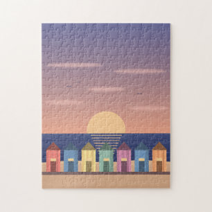 Beach Huts at Dusk Minimal Coastal Print Jigsaw Puzzle