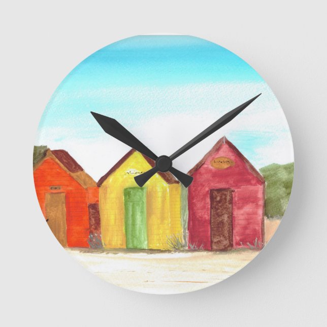 Beach huts beach seaside watercolor colourful  round clock (Front)