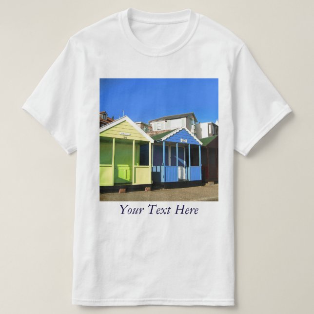 Beach huts blue skies english seaside photo T-Shirt (Design Front)