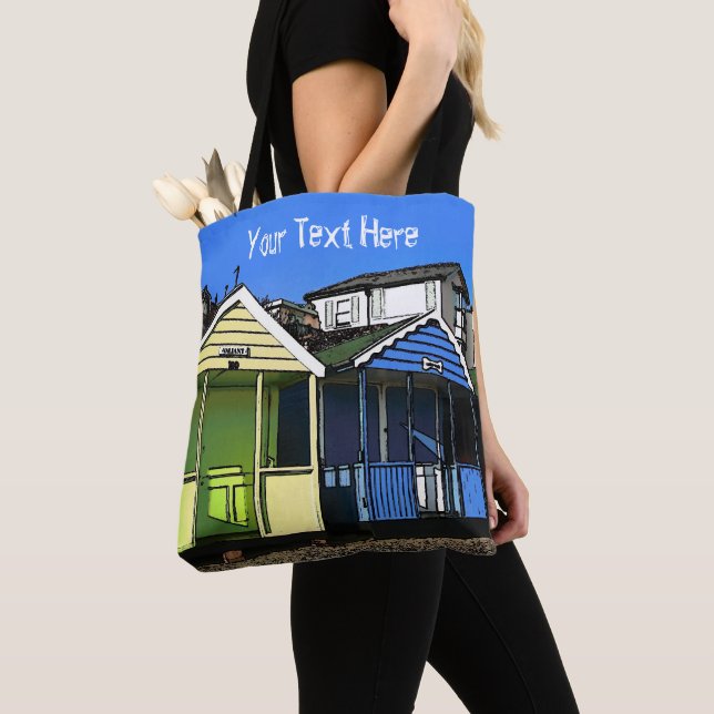 Beach huts blue skies english summer seaside photo tote bag (Close Up)