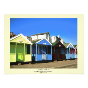 Beach huts blue skies sand english seaside photo print