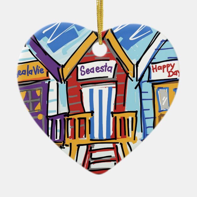 Beach Huts Ceramic Tree Decoration (Front)