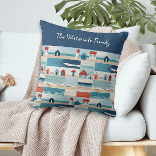 Beach Huts Lighthouses Sea Coastal Blue Cushion