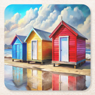 Beach Huts Square Paper Coaster