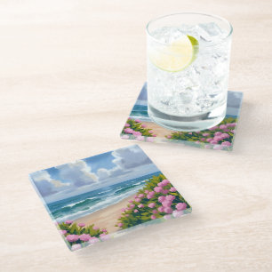 Beach in Bloom   Pink Hydrangea Oceanside Coastal Glass Coaster