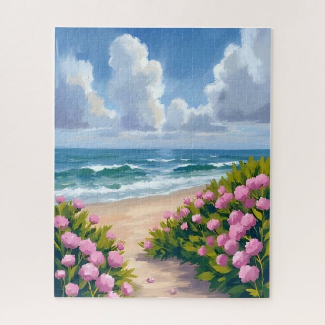 Beach in Bloom | Pink Hydrangea Oceanside Coastal Jigsaw Puzzle (Vertical)