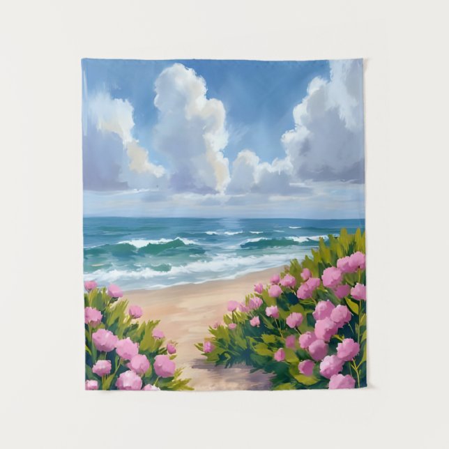 Beach in Bloom | Pink Hydrangea Oceanside Coastal Tapestry (Front)