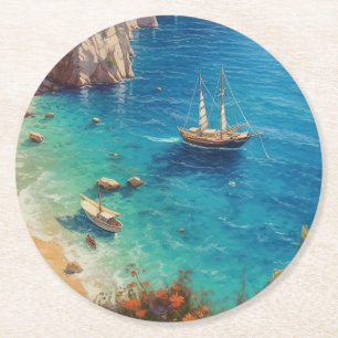 Beach in Greece Round Paper Coaster