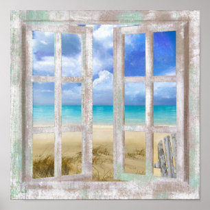Beach in Open Window coastal cottage Print
