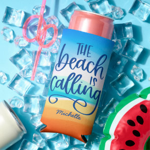 Beach is Calling Text Design Summer Seltzer Can Cooler