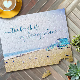 Beach Is Happy Place Script Lifeguard Booth Photo Jigsaw Puzzle