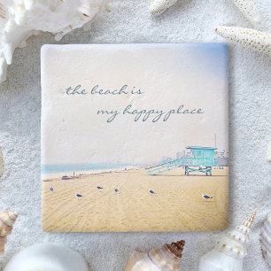 Beach Is My Happy Place Coastal Ocean Sand Seagull Stone Coaster