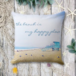 Beach Is My Happy Place Ocean Sand Birds Photo Cushion<br><div class="desc">“The beach is my happy place.” Relax and remind yourself of the fresh salt smell of the ocean air whenever you use this stunning pastel-coloured photo throw pillow. Exhale and explore the solitude of an empty California beach, complete with lifeguard booth and seagulls. Makes a great housewarming gift! You can...</div>