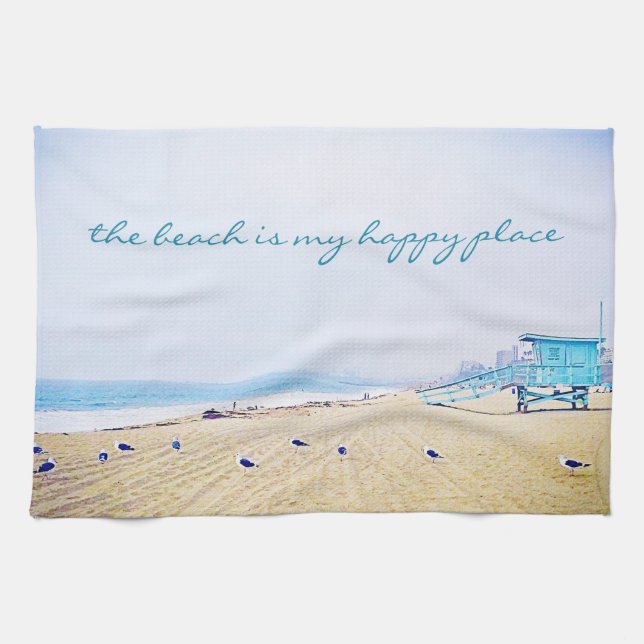 Beach Is My Happy Place Script California Coastal Tea Towel (Horizontal)