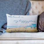 Beach Is My Happy Place Script Ocean Sand Coastal  Lumbar Cushion<br><div class="desc">“The beach is my happy place.” Relax and remind yourself of the fresh salt smell of the ocean air whenever you use this stunning pastel-coloured photo lumbar pillow. Exhale and explore the solitude of an empty California beach, complete with lifeguard booth and seagulls. Makes a great housewarming gift! You can...</div>