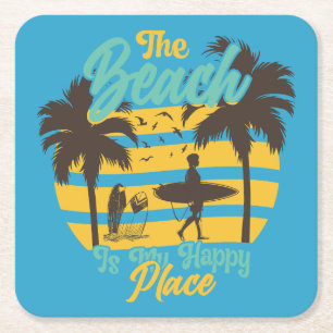 Beach is my Happy Place, Summer, Surf & Palm Trees Square Paper Coaster