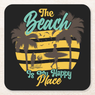 Beach is my Happy Place, Summer, Surf & Palm Trees Square Paper Coaster