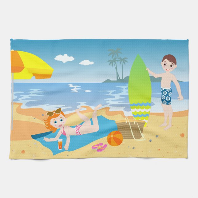 Beach kids birthday gift tea towel (Horizontal)