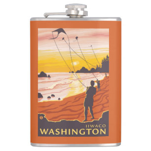 Beach & Kites - Ilwaco, Washington Hip Flask