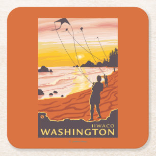 Beach & Kites - Ilwaco, Washington Square Paper Coaster