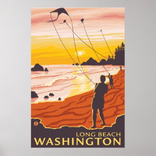 Beach & Kites - Long Beach, Washington Poster