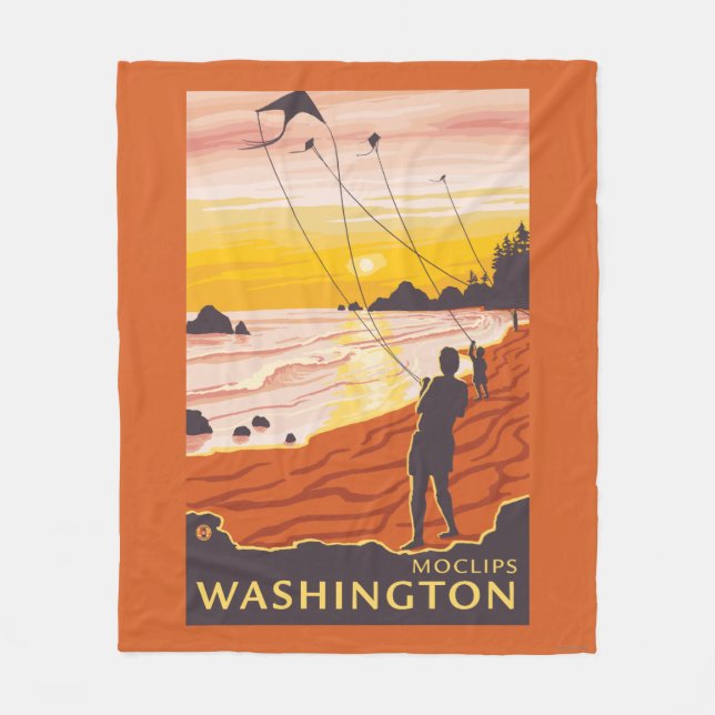 Beach & Kites - Moclips, Washington Fleece Blanket (Front)