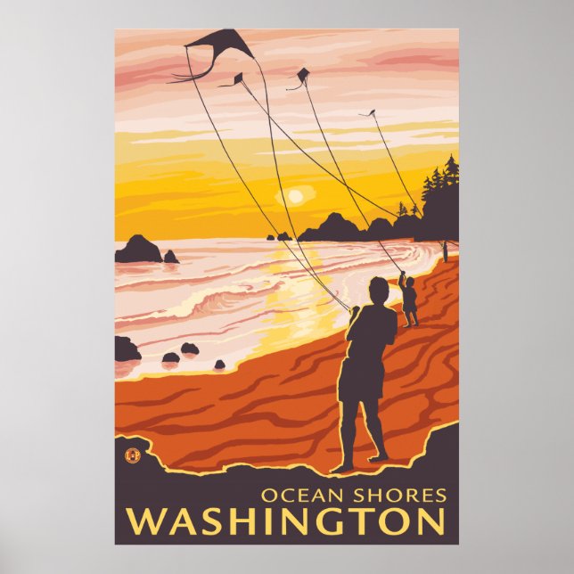 Beach & Kites - Ocean Shores, Washington Poster (Front)