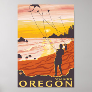 Beach & Kites - Seal Rock, Oregon Poster