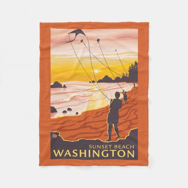 Beach & Kites - Sunset Beach, Washington Fleece Blanket (Front)